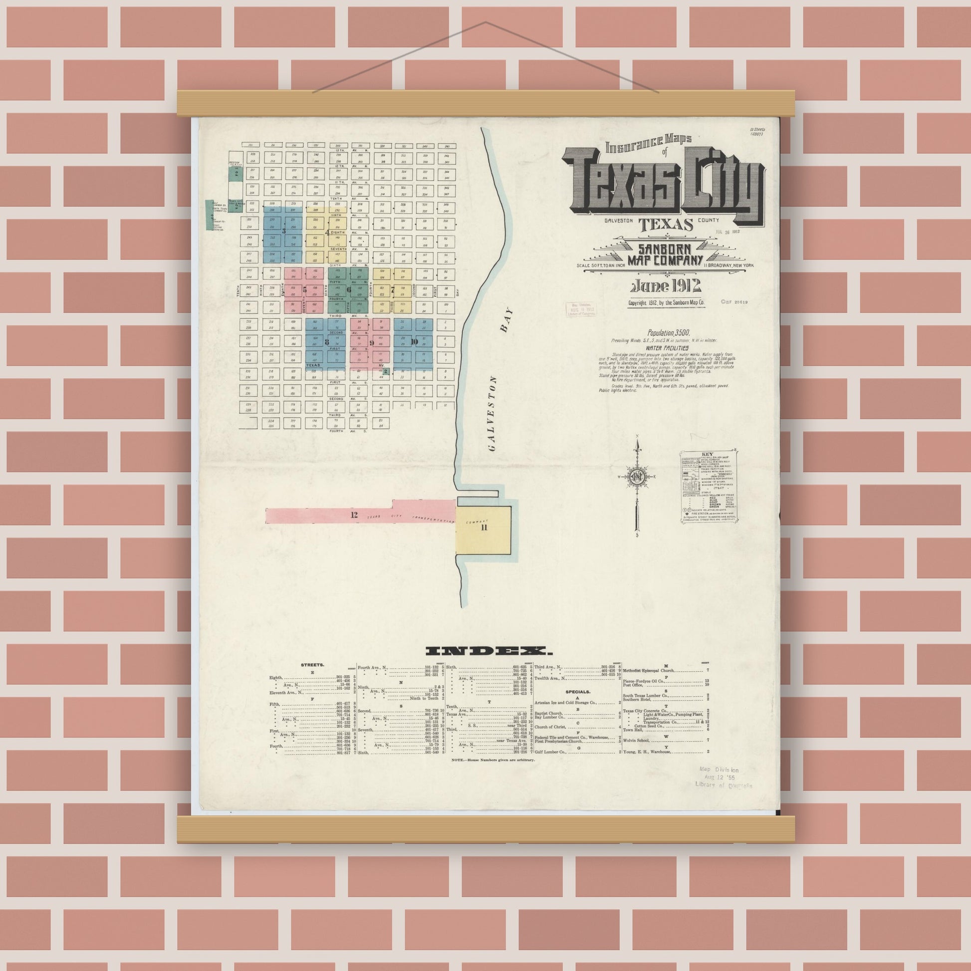 Old map wall art mockup — magnetic wood frame on brick wall — Sanborn Fire Insurance Map from Texas City, Galveston County, Texas (1912) - Complete Map Set