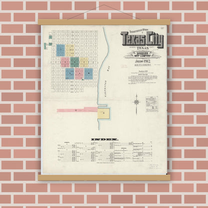 Old map wall art mockup — magnetic wood frame on brick wall — Sanborn Fire Insurance Map from Texas City, Galveston County, Texas (1912) - Complete Map Set