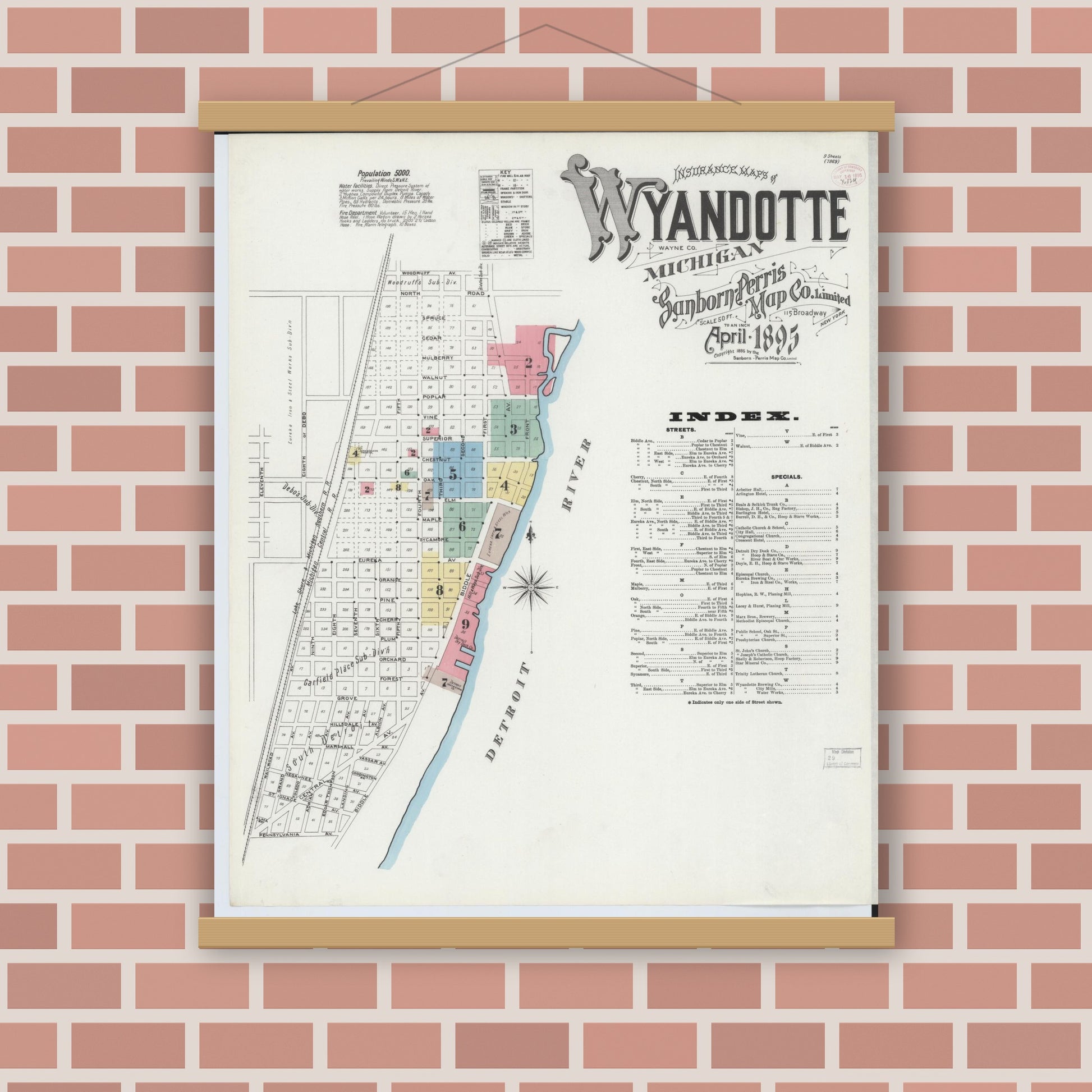 Old map wall art mockup — magnetic wood frame on brick wall — Sanborn Fire Insurance Map from Wyandotte, Wayne County, Michigan (1895), Sheet #0001
