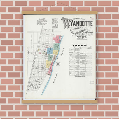 Old map wall art mockup — magnetic wood frame on brick wall — Sanborn Fire Insurance Map from Wyandotte, Wayne County, Michigan (1895), Sheet #0001
