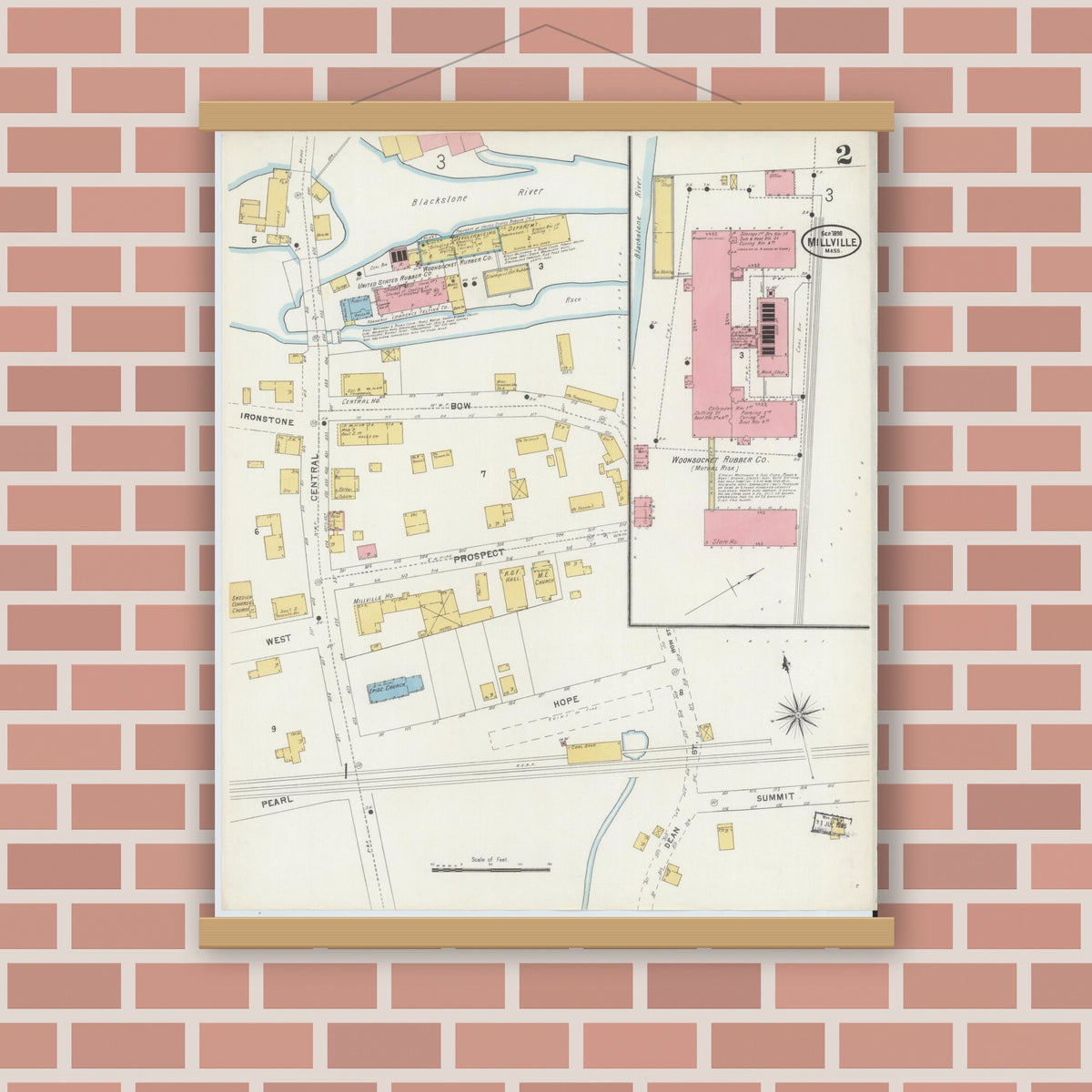 Old map wall art mockup — magnetic wood frame on brick wall — Sanborn Fire Insurance Map from Millville, Worcester County, Massachusetts (1898), Sheet #0002