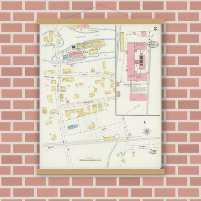 Old map wall art mockup — magnetic wood frame on brick wall — Sanborn Fire Insurance Map from Millville, Worcester County, Massachusetts (1898), Sheet #0002