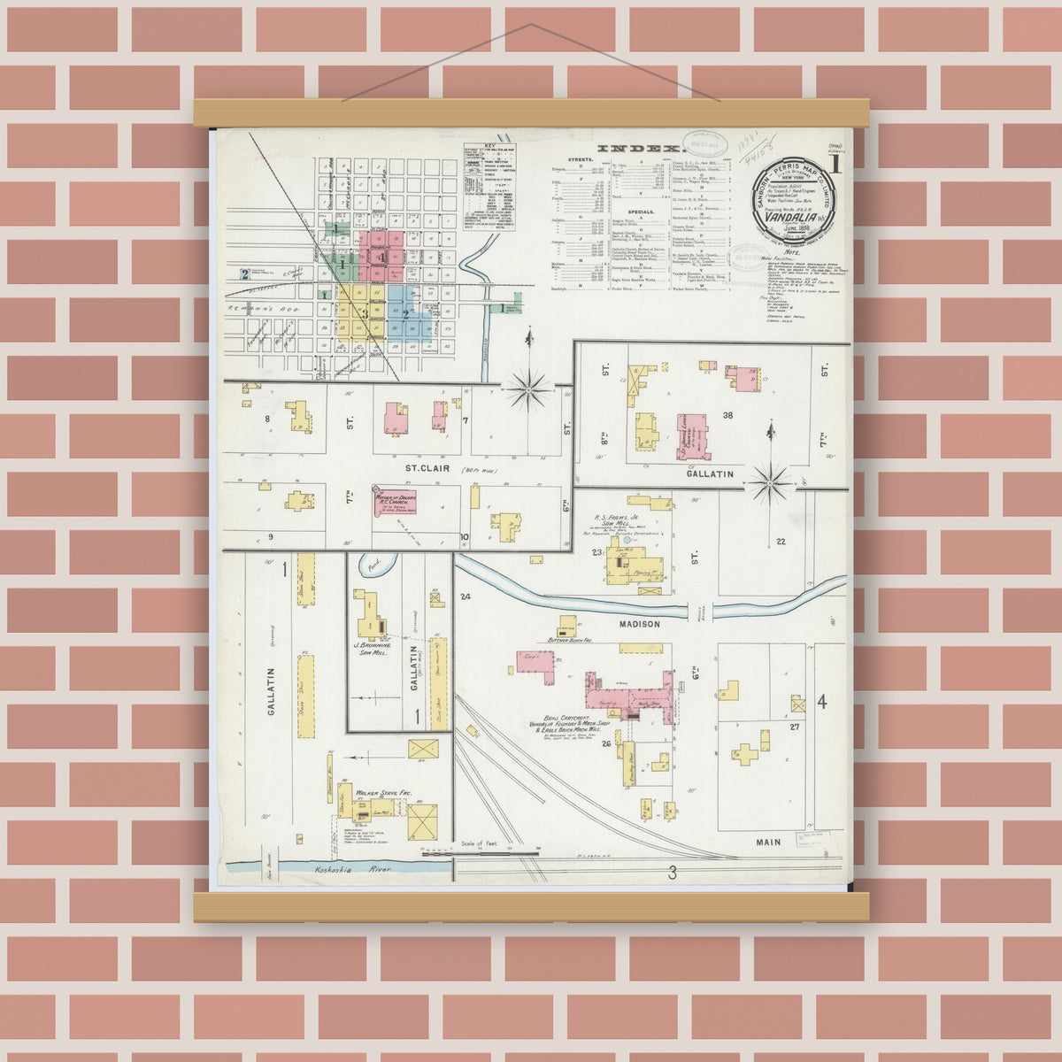 Old map wall art mockup — magnetic wood frame on brick wall — Sanborn Fire Insurance Map from Vandalia, Fayette County, Illinois (1898), Sheet #0001