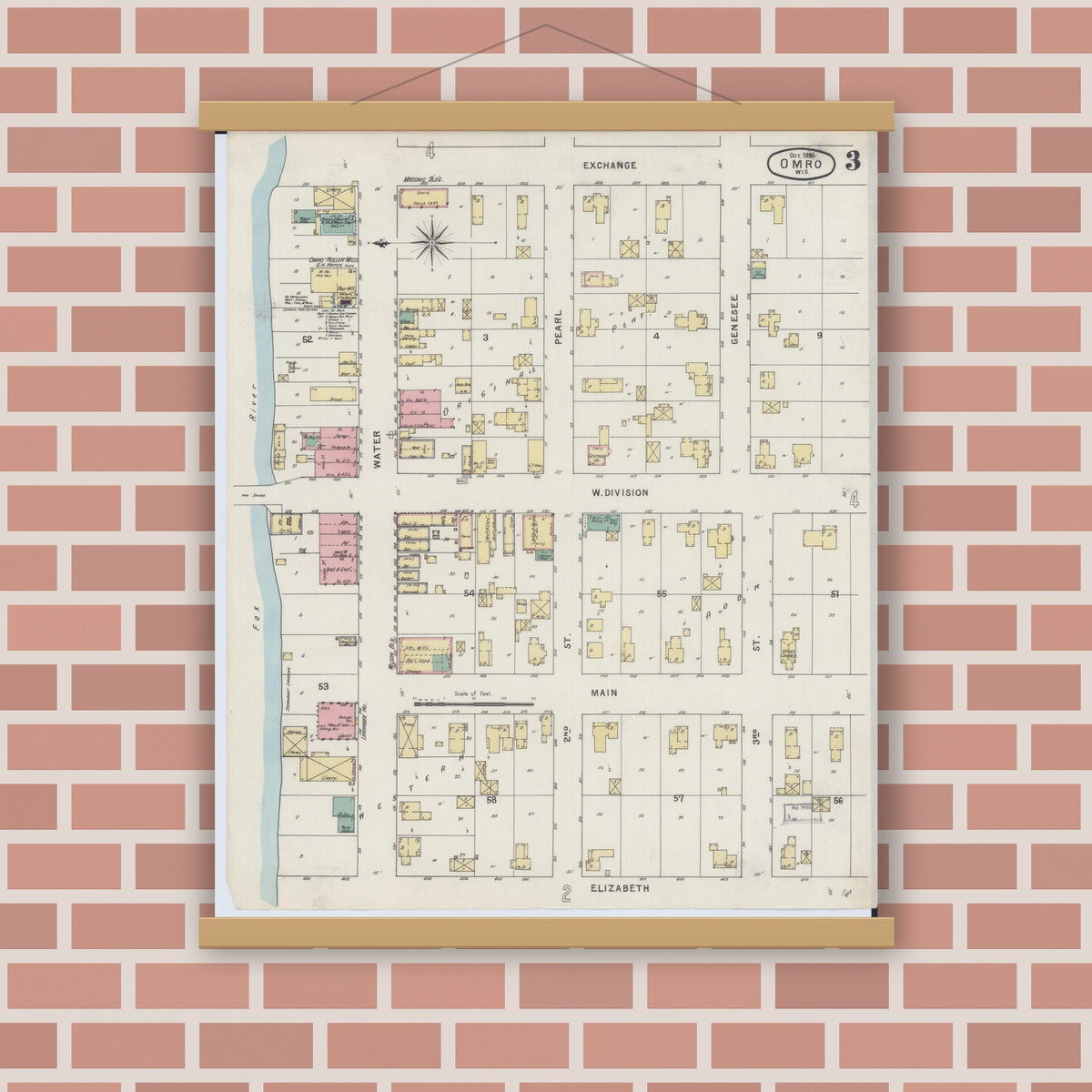 Old map wall art mockup — magnetic wood frame on brick wall — Sanborn Fire Insurance Map from Omro, Winnebago County, Wisconsin (1895), Sheet #0003