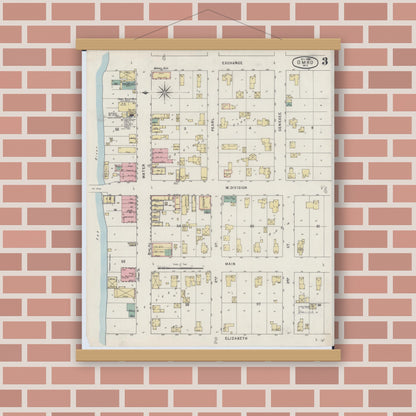 Old map wall art mockup — magnetic wood frame on brick wall — Sanborn Fire Insurance Map from Omro, Winnebago County, Wisconsin (1895), Sheet #0003