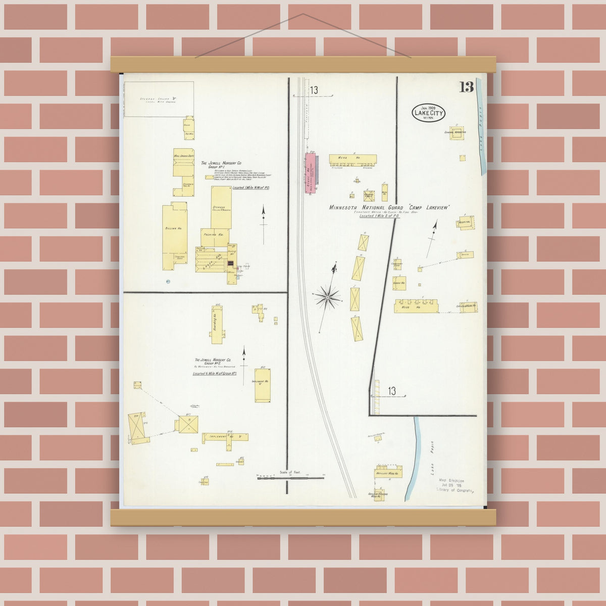 Old map wall art mockup — magnetic wood frame on brick wall — Sanborn Fire Insurance Map from Lake City, Wabasha County, Minnesota (1909), Sheet #0013