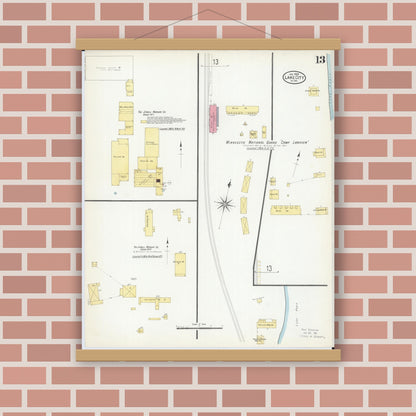 Old map wall art mockup — magnetic wood frame on brick wall — Sanborn Fire Insurance Map from Lake City, Wabasha County, Minnesota (1909), Sheet #0013