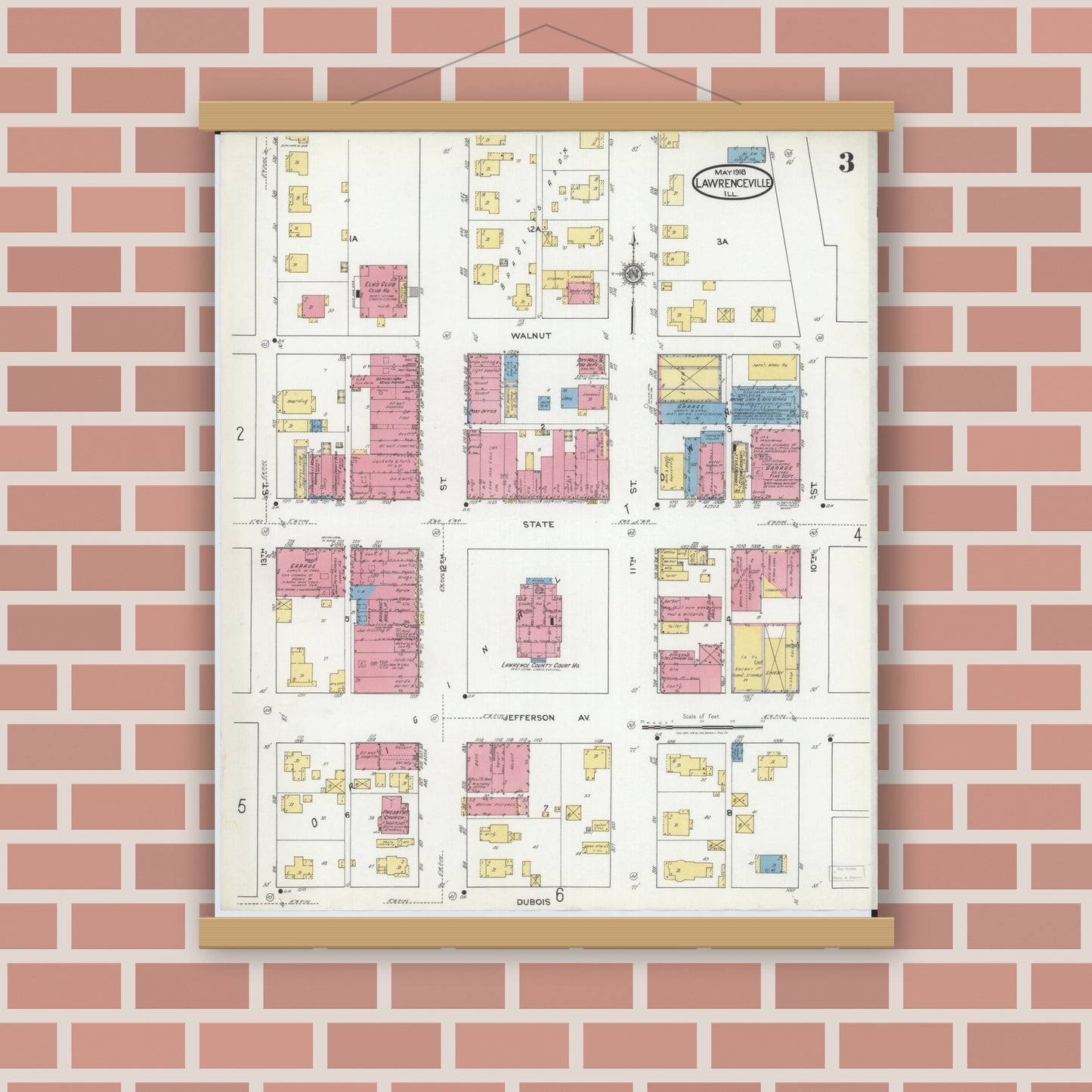 Old map wall art mockup — magnetic wood frame on brick wall — Sanborn Fire Insurance Map from Lawrenceville, Lawrence County, Illinois (1918), Sheet #0003