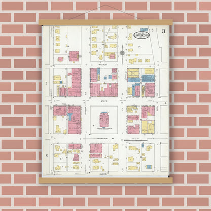 Old map wall art mockup — magnetic wood frame on brick wall — Sanborn Fire Insurance Map from Lawrenceville, Lawrence County, Illinois (1918), Sheet #0003