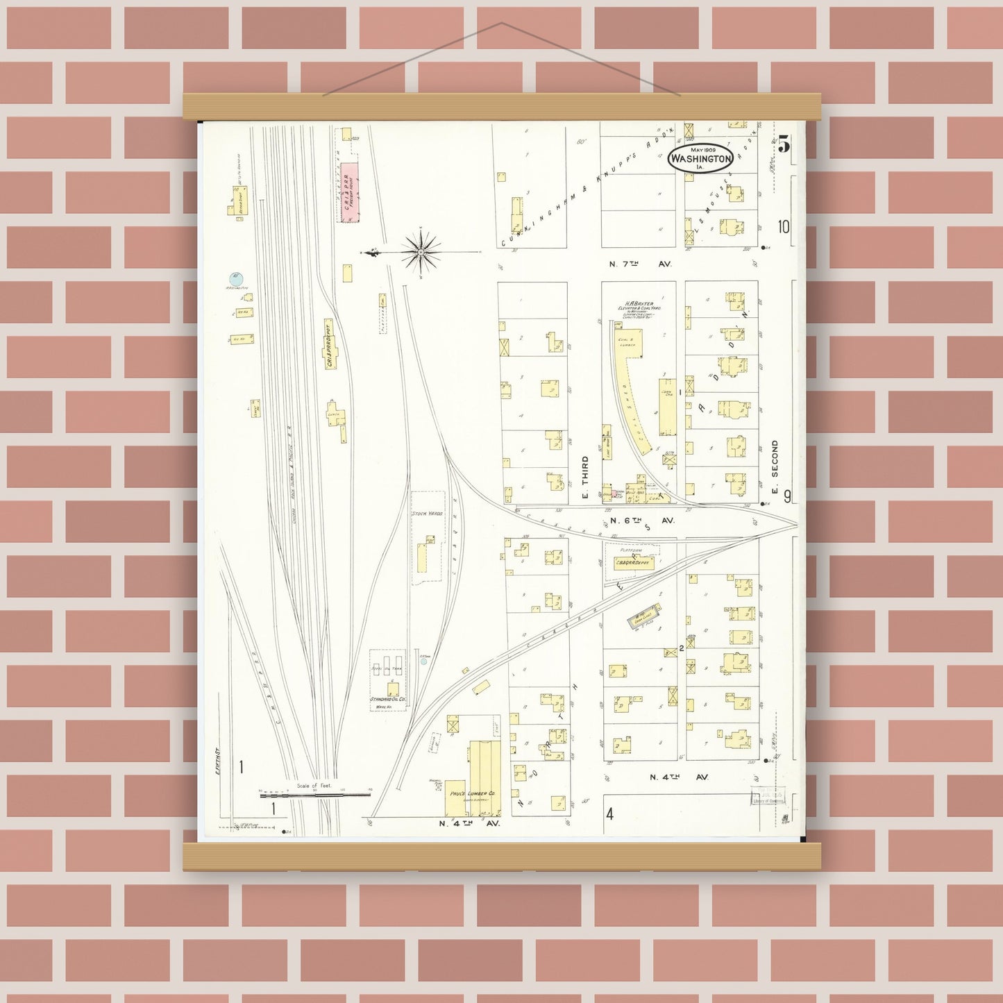 Old map wall art mockup — magnetic wood frame on brick wall — Sanborn Fire Insurance Map from Washington, Washington County, Iowa (1909), Sheet #0005