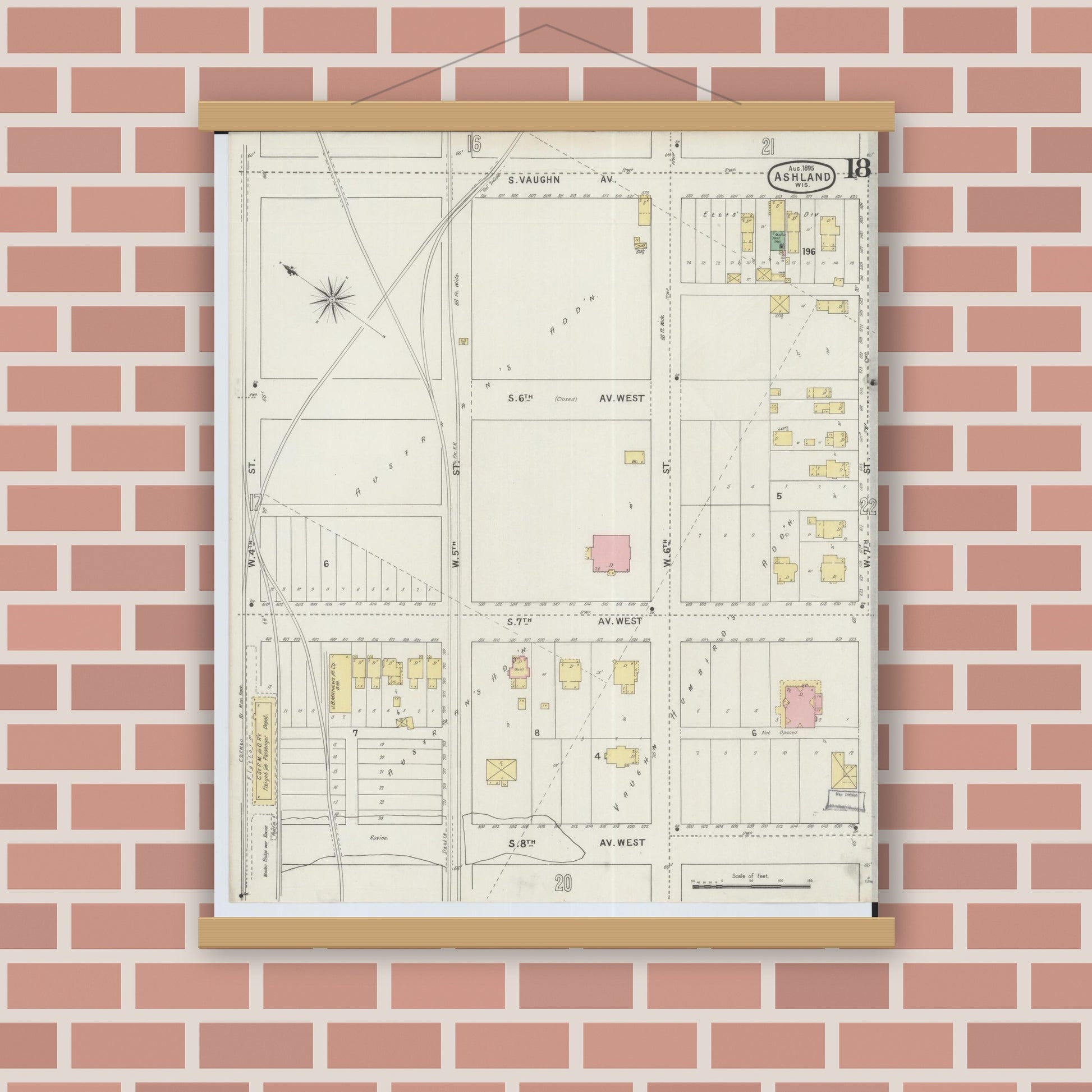 Old map wall art mockup — magnetic wood frame on brick wall — Sanborn Fire Insurance Map from Ashland, Ashland County, Wisconsin (1895), Sheet #0018