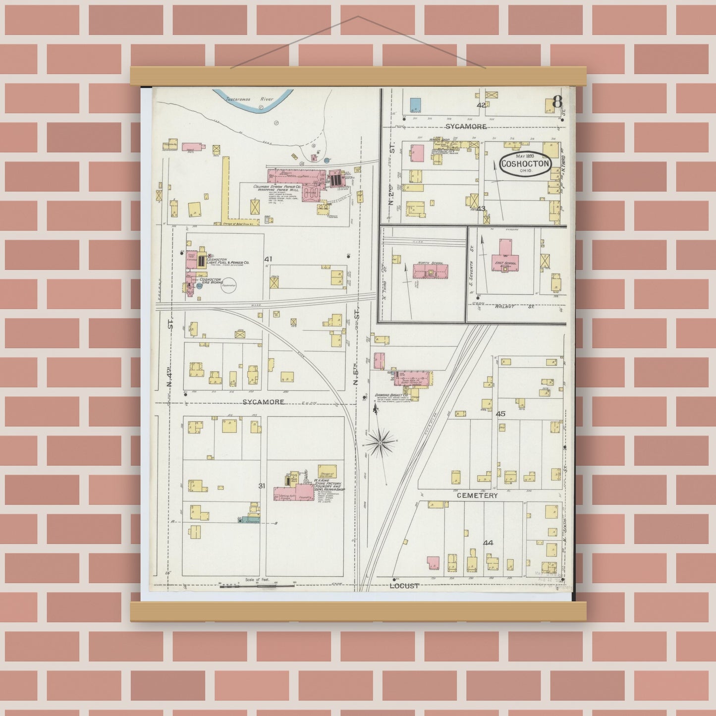 Old map wall art mockup — magnetic wood frame on brick wall — Sanborn Fire Insurance Map from Coshocton, Coshocton County, Ohio (1893), Sheet #0008