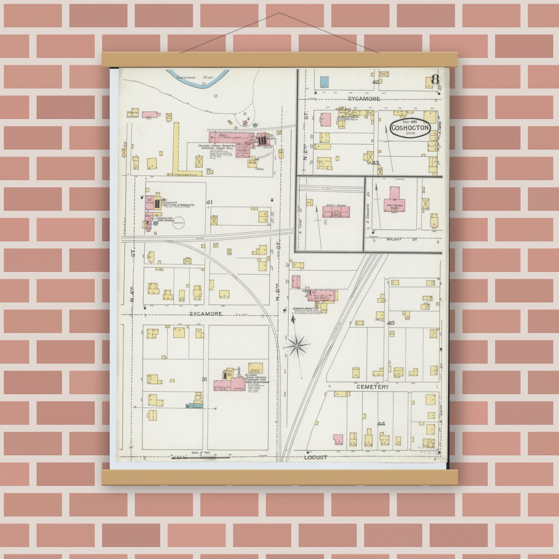 Old map wall art mockup — magnetic wood frame on brick wall — Sanborn Fire Insurance Map from Coshocton, Coshocton County, Ohio (1893), Sheet #0008