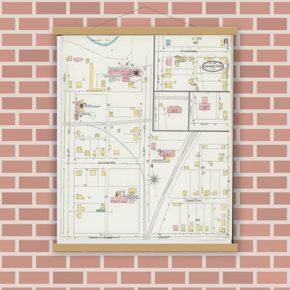 Old map wall art mockup — magnetic wood frame on brick wall — Sanborn Fire Insurance Map from Coshocton, Coshocton County, Ohio (1893), Sheet #0008