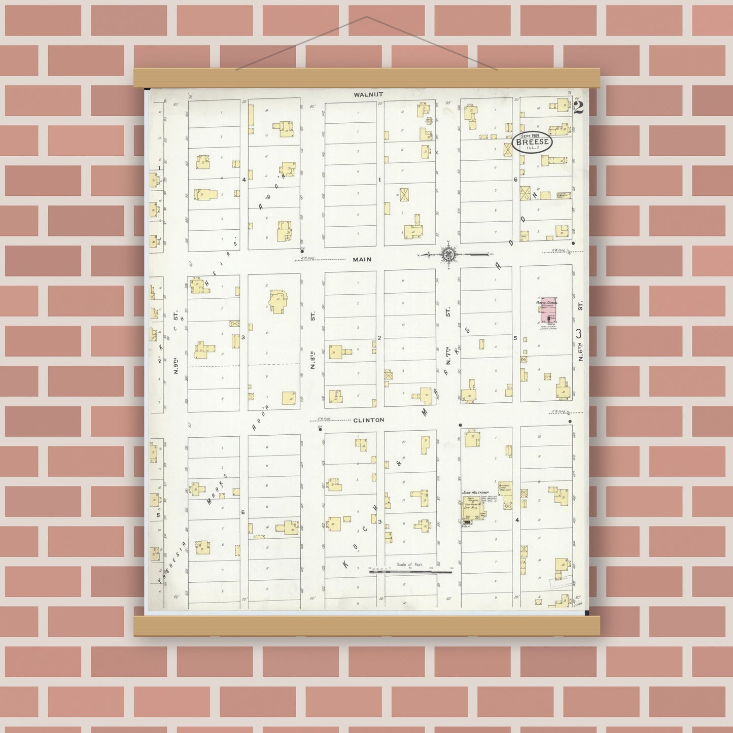 Old map wall art mockup — magnetic wood frame on brick wall — Sanborn Fire Insurance Map from Breese, Clinton County, Illinois (1909), Sheet #0002