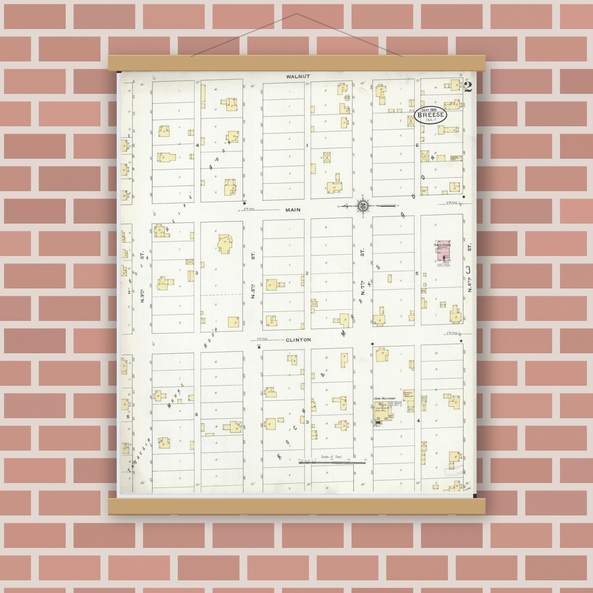 Old map wall art mockup — magnetic wood frame on brick wall — Sanborn Fire Insurance Map from Breese, Clinton County, Illinois (1909), Sheet #0002