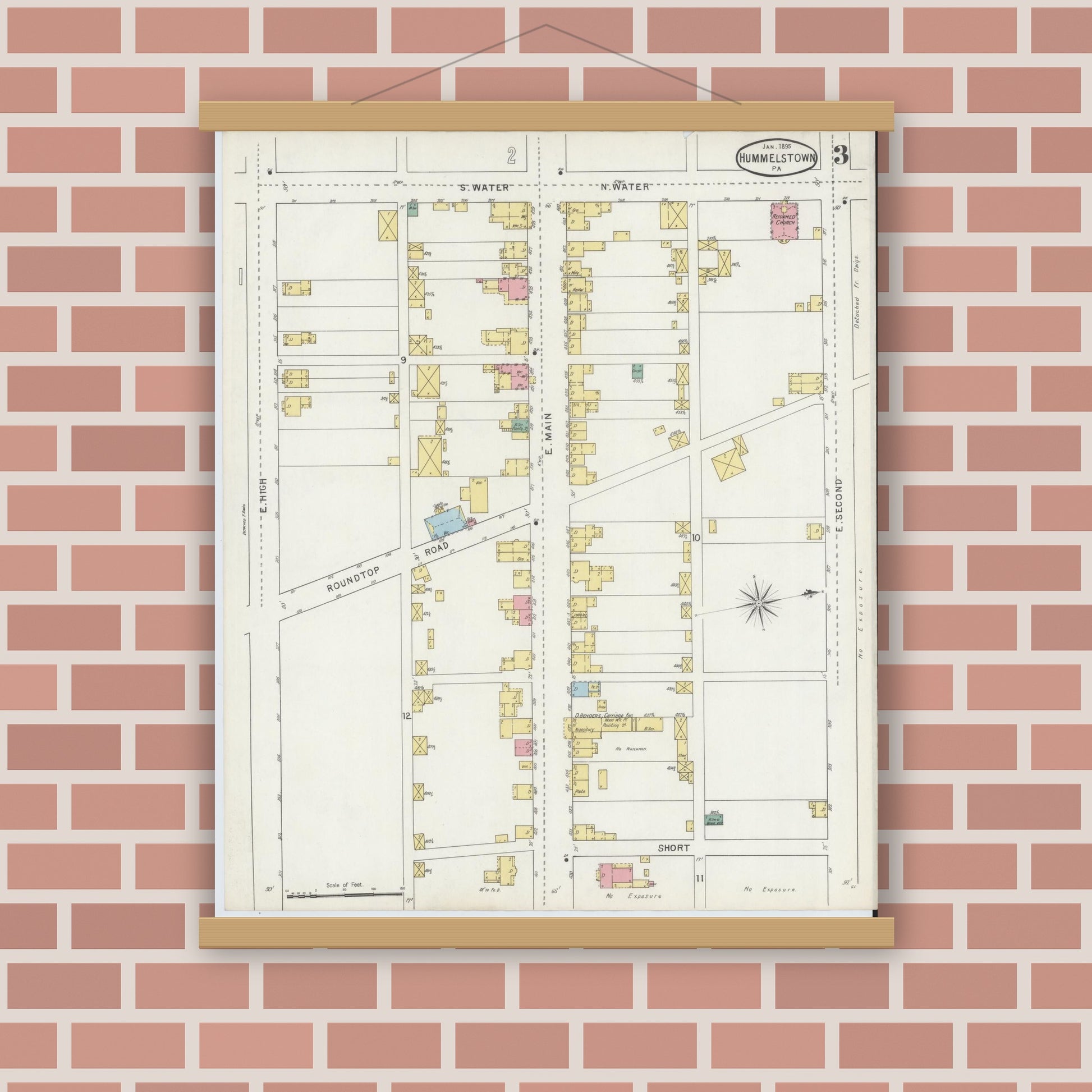 Old map wall art mockup — magnetic wood frame on brick wall — Sanborn Fire Insurance Map from Hummelstown, Dauphin County, Pennsylvania (1895), Sheet #0003