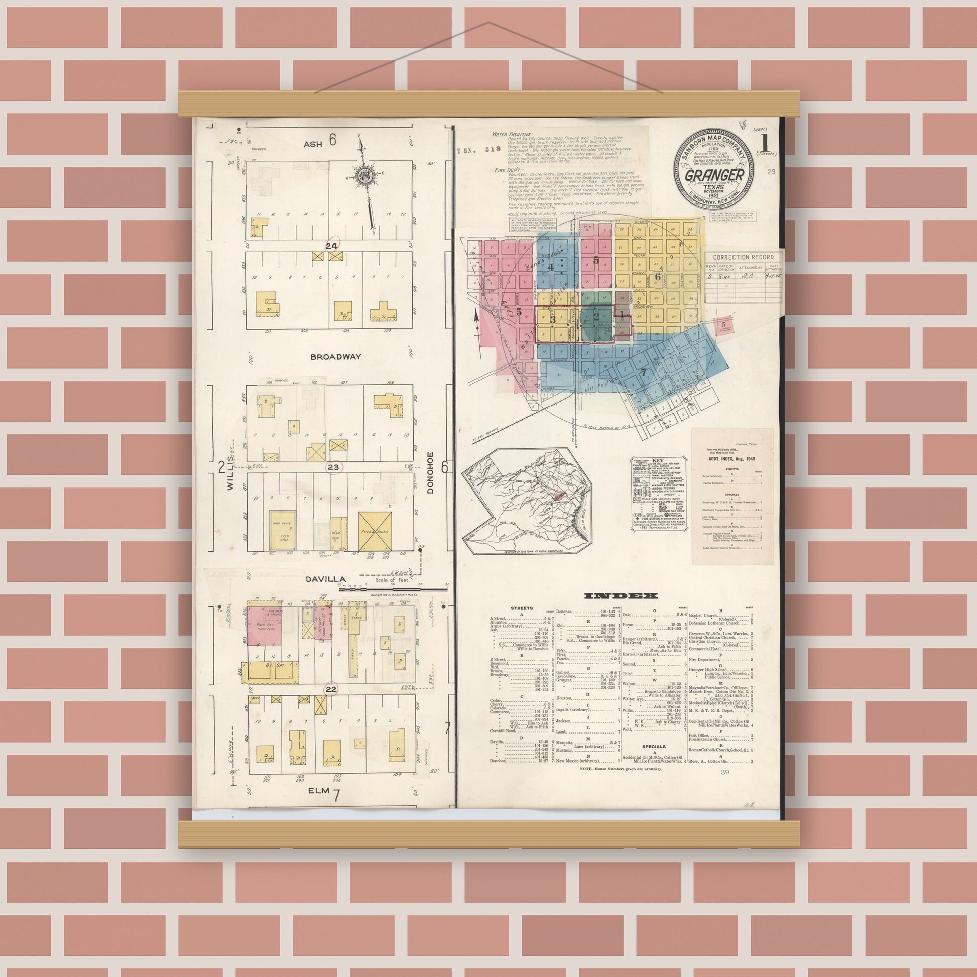 Old map wall art mockup — magnetic wood frame on brick wall — Sanborn Fire Insurance Map from Granger, Williamson County, Texas (1940) - Complete Map Set