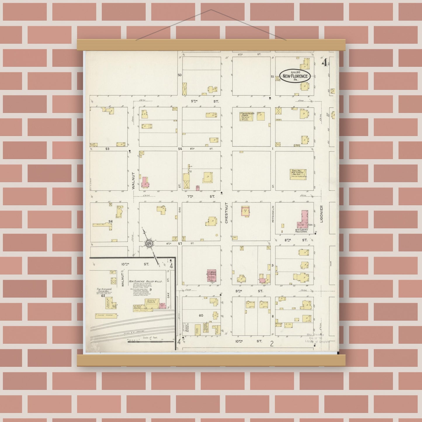 Old map wall art mockup — magnetic wood frame on brick wall — Sanborn Fire Insurance Map from New Florence, Westmoreland County, Pennsylvania (1915), Sheet #0004