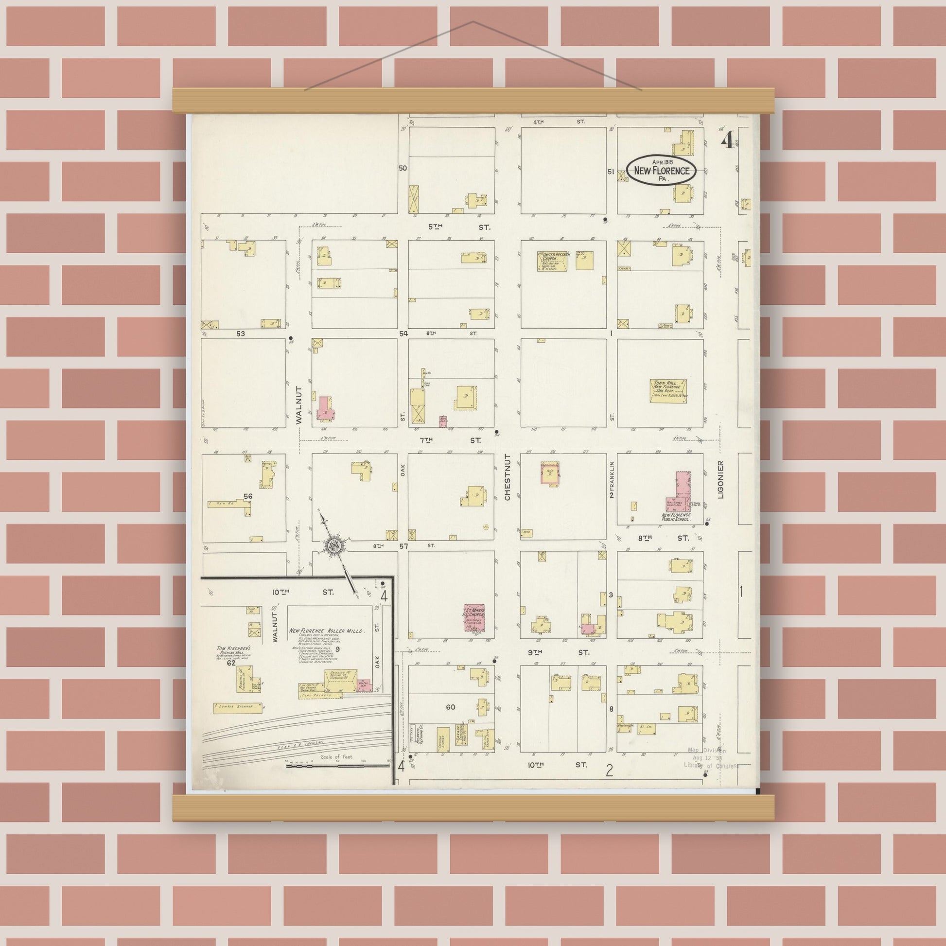 Old map wall art mockup — magnetic wood frame on brick wall — Sanborn Fire Insurance Map from New Florence, Westmoreland County, Pennsylvania (1915), Sheet #0004