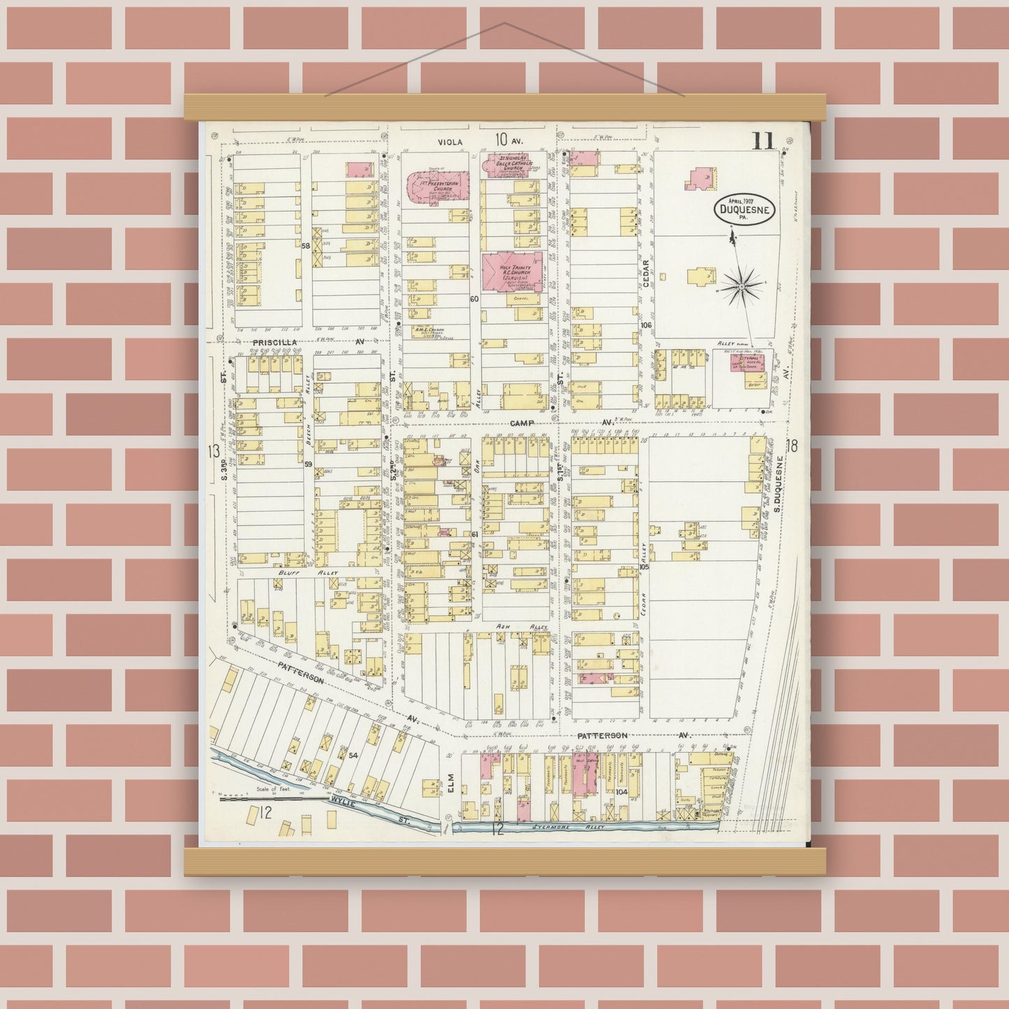 Old map wall art mockup — magnetic wood frame on brick wall — Sanborn Fire Insurance Map from Duquesne, Allegheny County, Pennsylvania (1907), Sheet #0011