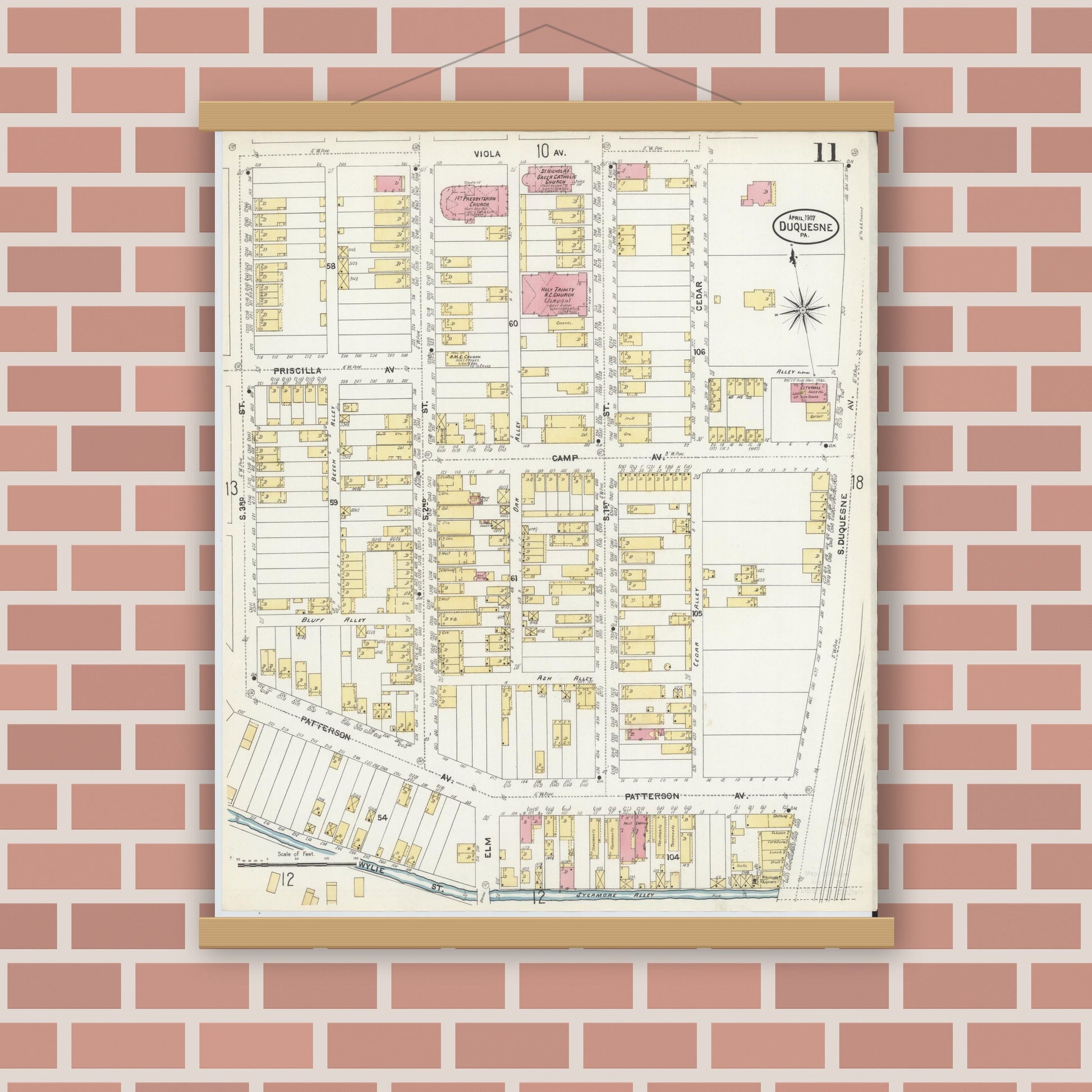 Old map wall art mockup — magnetic wood frame on brick wall — Sanborn Fire Insurance Map from Duquesne, Allegheny County, Pennsylvania (1907), Sheet #0011