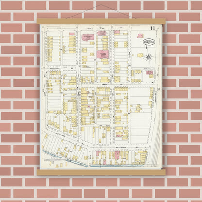 Old map wall art mockup — magnetic wood frame on brick wall — Sanborn Fire Insurance Map from Duquesne, Allegheny County, Pennsylvania (1907), Sheet #0011