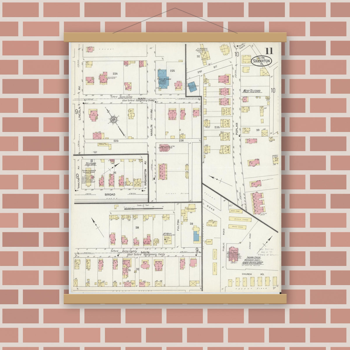 Old map wall art mockup — magnetic wood frame on brick wall — Sanborn Fire Insurance Map from Souderton, Montgomery County, Pennsylvania (1914), Sheet #0011