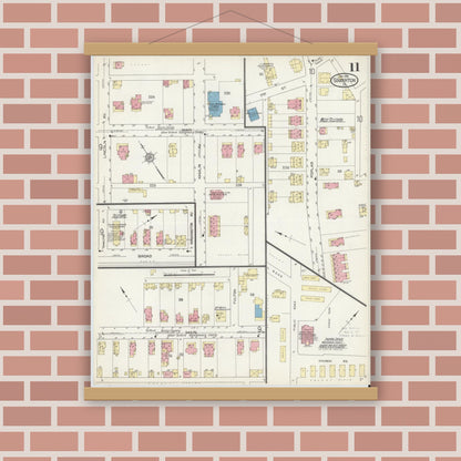Old map wall art mockup — magnetic wood frame on brick wall — Sanborn Fire Insurance Map from Souderton, Montgomery County, Pennsylvania (1914), Sheet #0011
