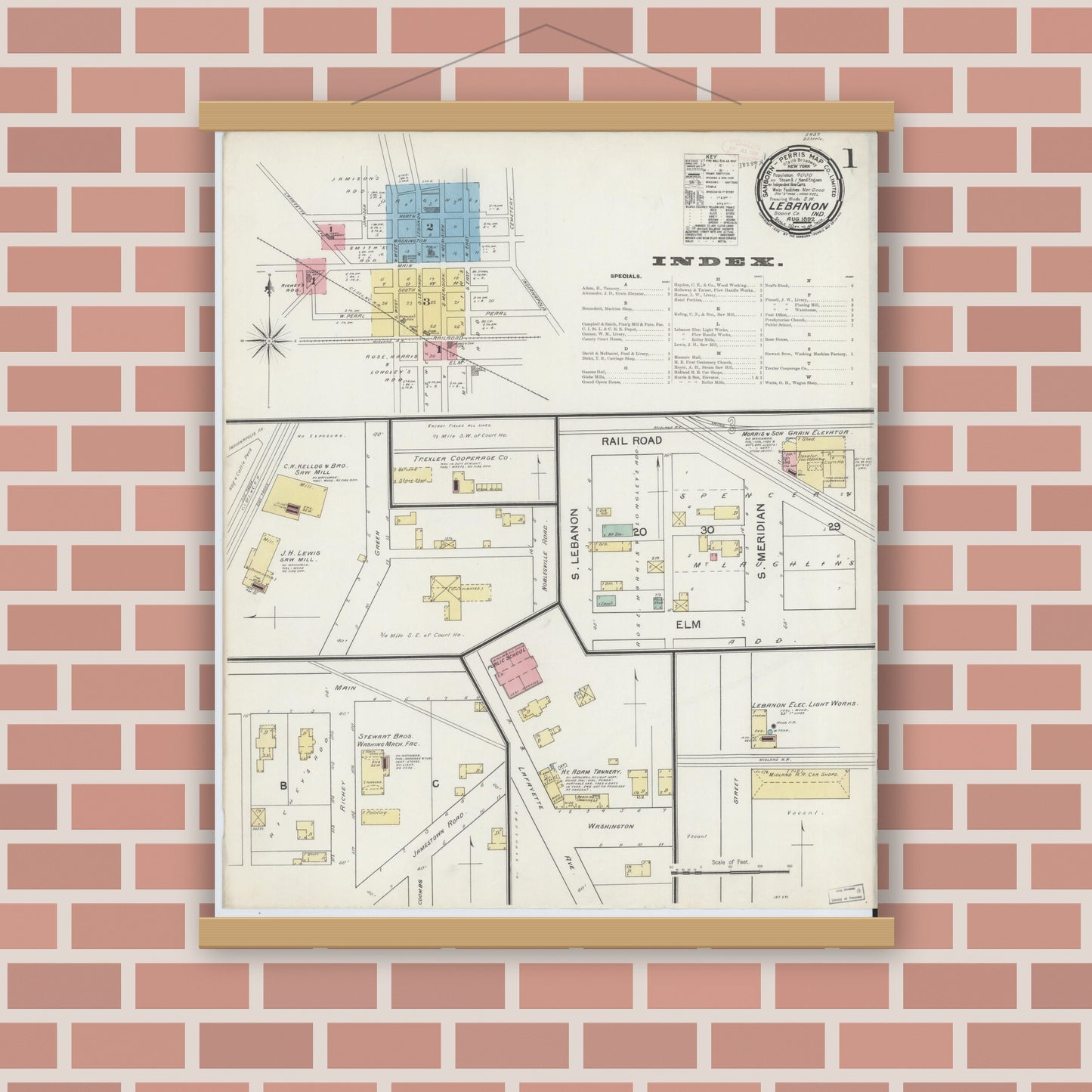 Old map wall art mockup — magnetic wood frame on brick wall — Sanborn Fire Insurance Map from Lebanon, Boone County, Indiana (1892) - Complete Map Set