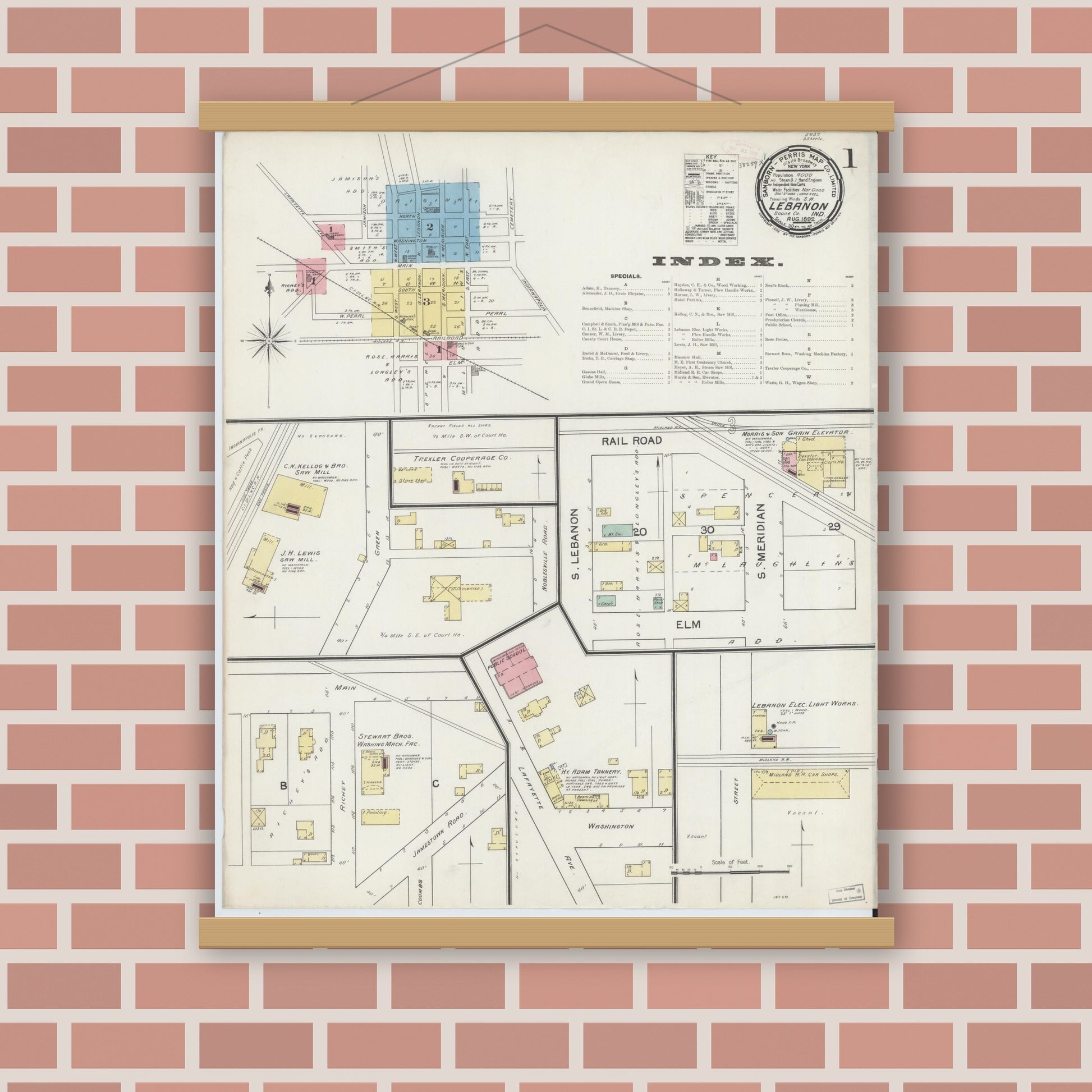 Old map wall art mockup — magnetic wood frame on brick wall — Sanborn Fire Insurance Map from Lebanon, Boone County, Indiana (1892) - Complete Map Set