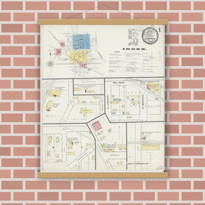 Old map wall art mockup — magnetic wood frame on brick wall — Sanborn Fire Insurance Map from Lebanon, Boone County, Indiana (1892) - Complete Map Set