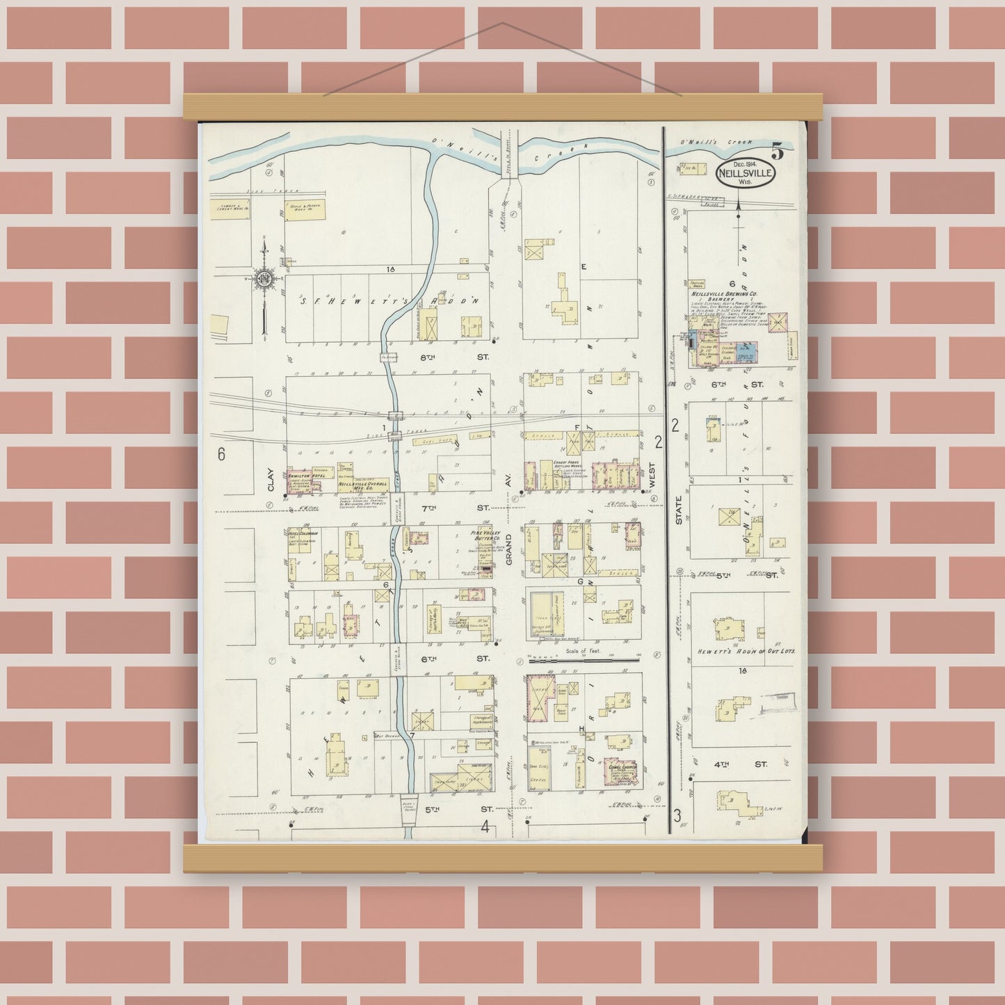 Old map wall art mockup — magnetic wood frame on brick wall — Sanborn Fire Insurance Map from Neillsville, Clark County, Wisconsin (1914), Sheet #0005