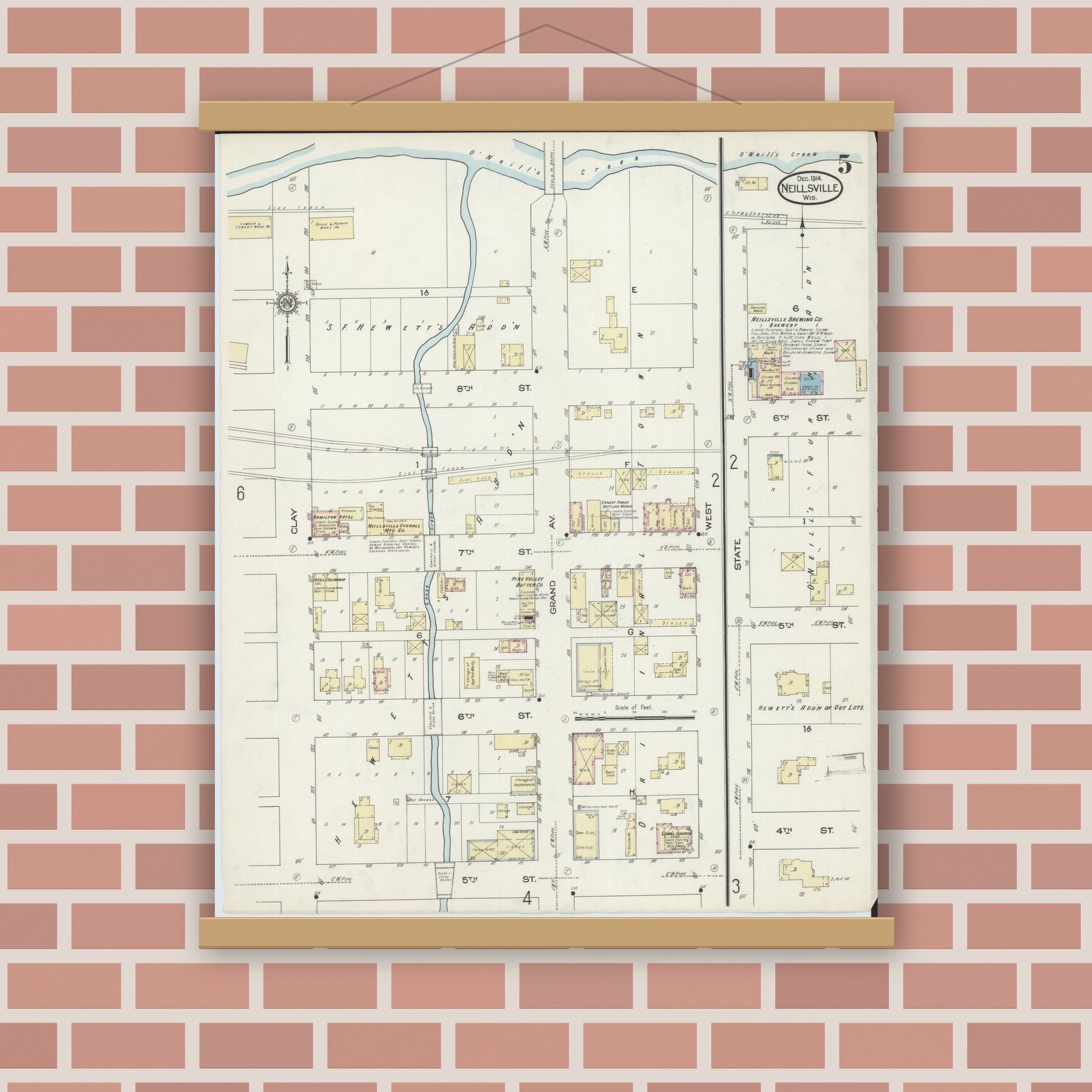Old map wall art mockup — magnetic wood frame on brick wall — Sanborn Fire Insurance Map from Neillsville, Clark County, Wisconsin (1914), Sheet #0005