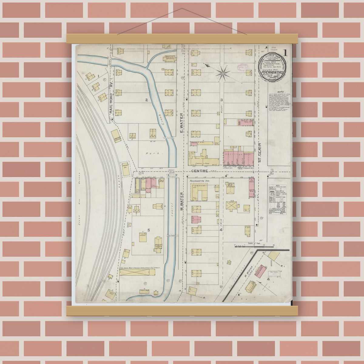 Old map wall art mockup — magnetic wood frame on brick wall — Sanborn Fire Insurance Map from Pocahontas, Tazewell County, Virginia (1893) - Complete Map Set