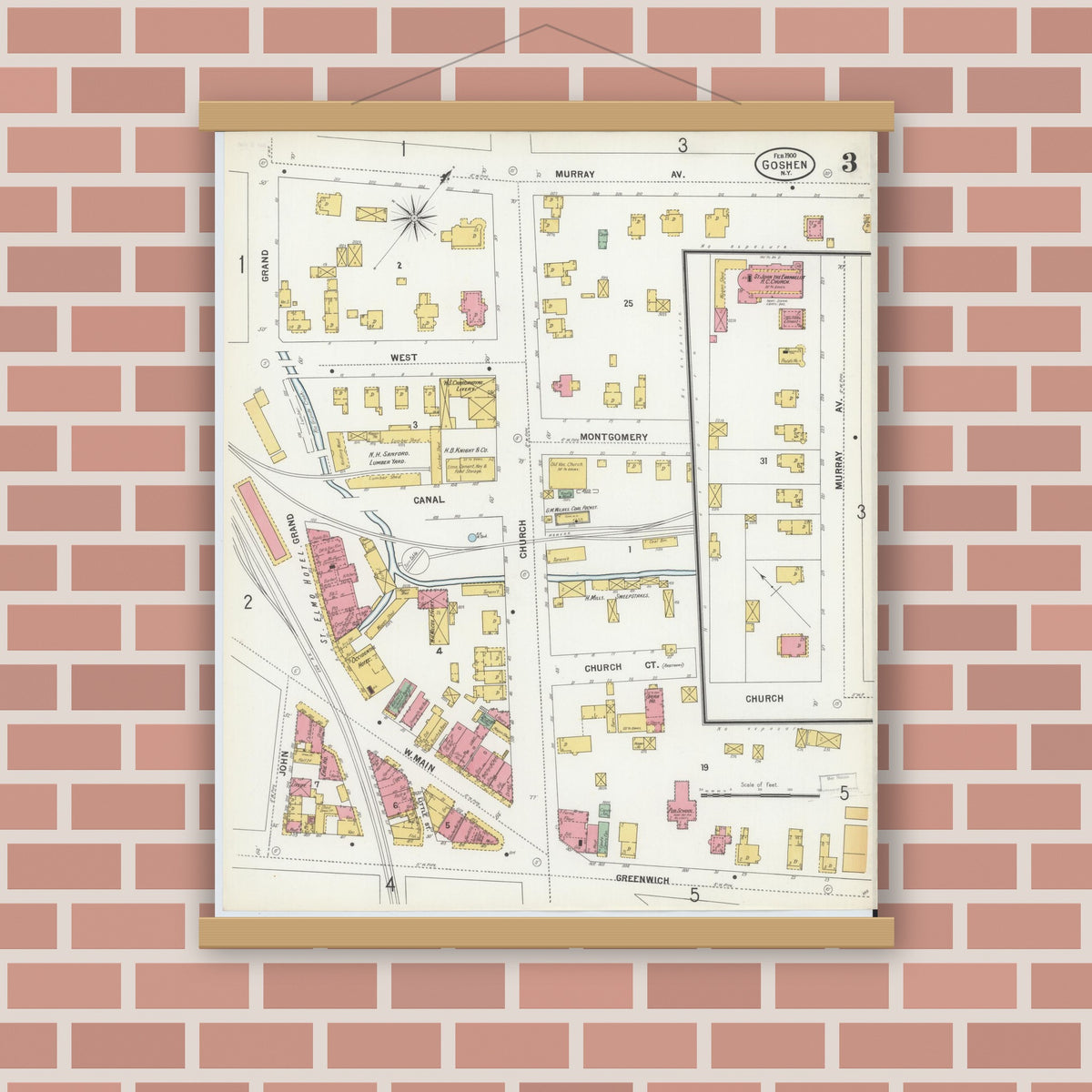 Old map wall art mockup — magnetic wood frame on brick wall — Sanborn Fire Insurance Map from Goshen, Orange County, New York (1900), Sheet #0003