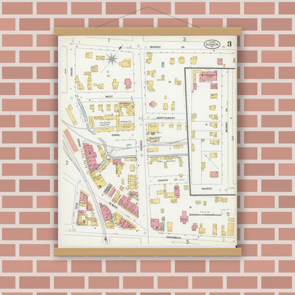 Old map wall art mockup — magnetic wood frame on brick wall — Sanborn Fire Insurance Map from Goshen, Orange County, New York (1900), Sheet #0003