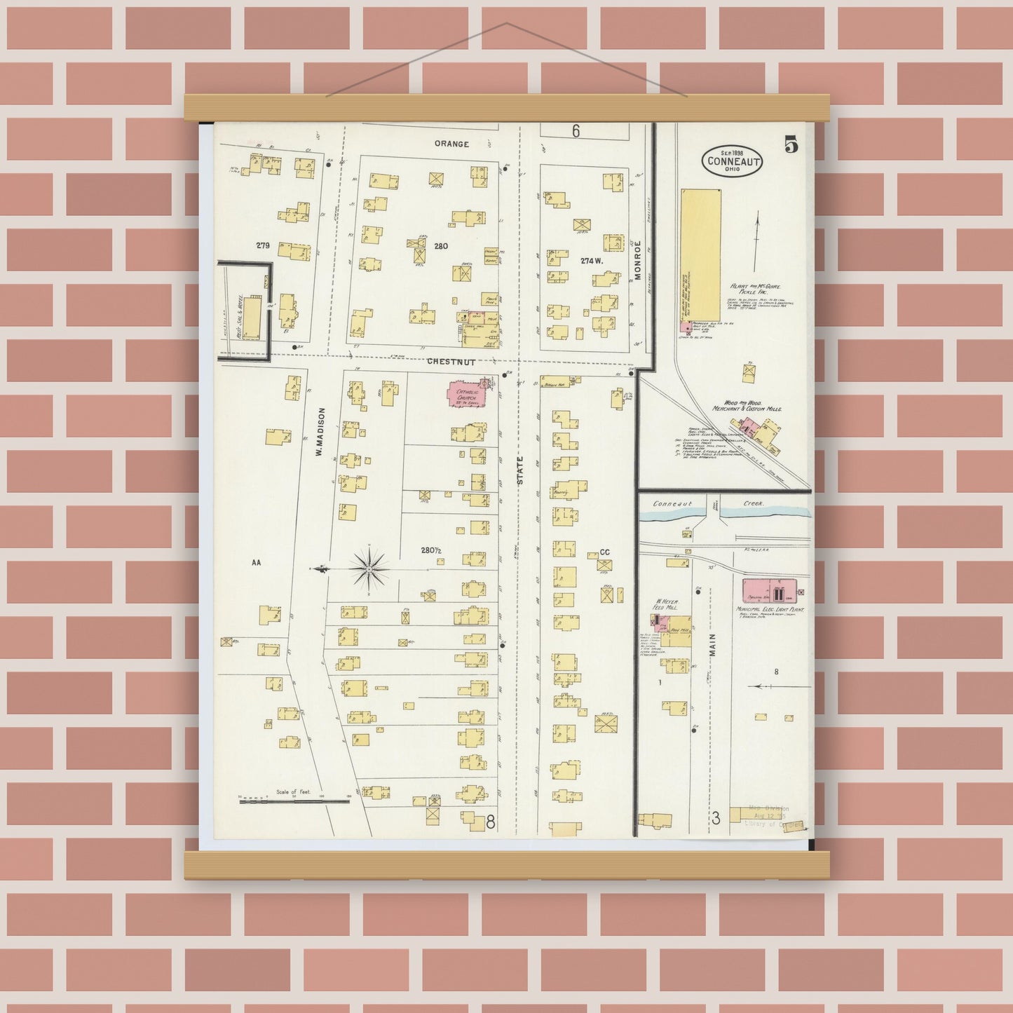 Old map wall art mockup — magnetic wood frame on brick wall — Sanborn Fire Insurance Map from Conneaut, Ashtabula County, Ohio (1898), Sheet #0005