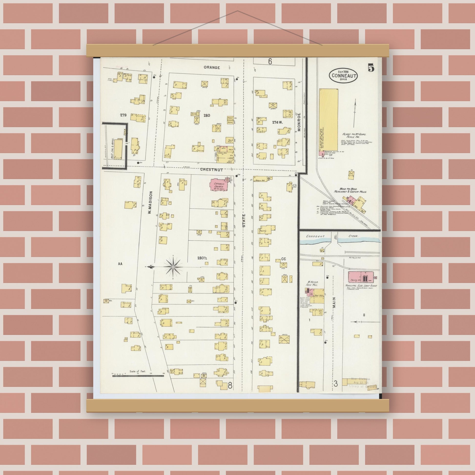 Old map wall art mockup — magnetic wood frame on brick wall — Sanborn Fire Insurance Map from Conneaut, Ashtabula County, Ohio (1898), Sheet #0005