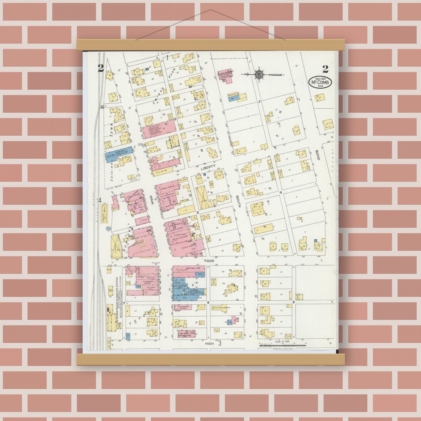 Old map wall art mockup — magnetic wood frame on brick wall — Sanborn Fire Insurance Map from McComb, Hancock County, Ohio (1924), Sheet #0002