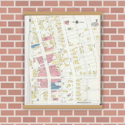 Old map wall art mockup — magnetic wood frame on brick wall — Sanborn Fire Insurance Map from McComb, Hancock County, Ohio (1924), Sheet #0002
