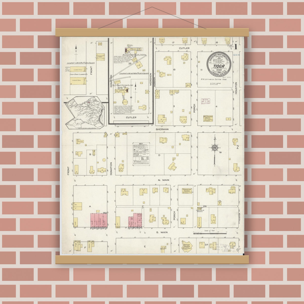Old map wall art mockup — magnetic wood frame on brick wall — Sanborn Fire Insurance Map from Tioga, Grayton County, Texas (1914) - Complete Map Set