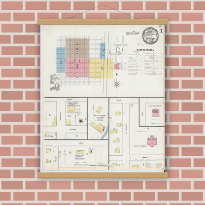 Old map wall art mockup — magnetic wood frame on brick wall — Sanborn Fire Insurance Map from McKinney, Collin County, Texas (1892), Sheet #0001