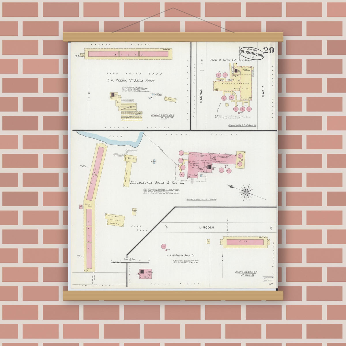 Old map wall art mockup — magnetic wood frame on brick wall — Sanborn Fire Insurance Map from Bloomington, McLean County, Illinois (1896), Sheet #0029