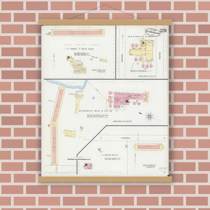 Old map wall art mockup — magnetic wood frame on brick wall — Sanborn Fire Insurance Map from Bloomington, McLean County, Illinois (1896), Sheet #0029