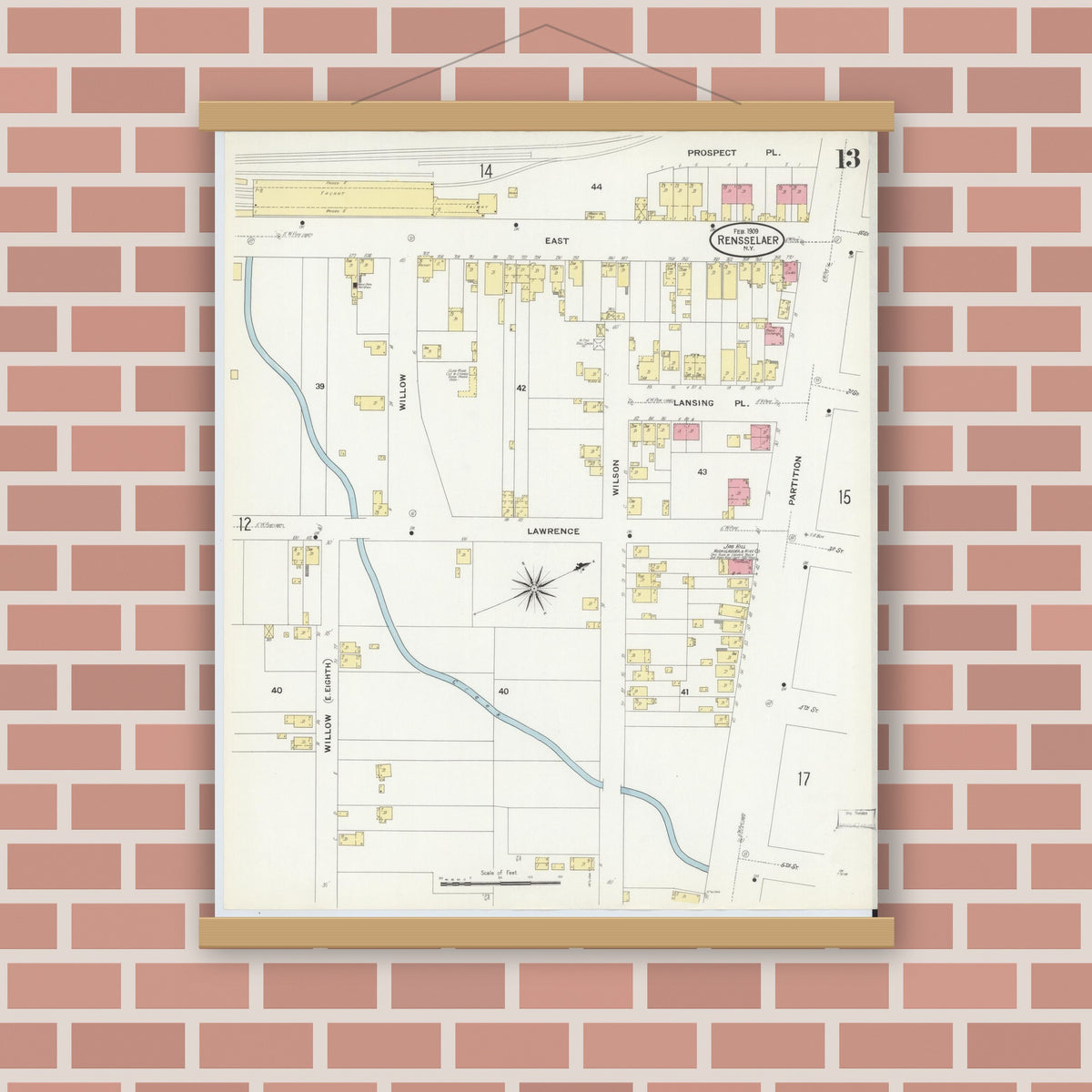 Old map wall art mockup — magnetic wood frame on brick wall — Sanborn Fire Insurance Map from Rensselaer, Rensselaer County, New York (1909), Sheet #0013