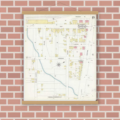 Old map wall art mockup — magnetic wood frame on brick wall — Sanborn Fire Insurance Map from Rensselaer, Rensselaer County, New York (1909), Sheet #0013