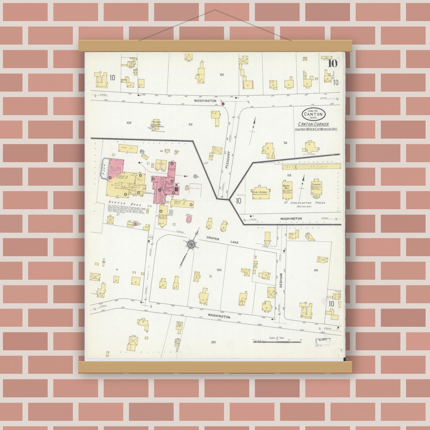 Old map wall art mockup — magnetic wood frame on brick wall — Sanborn Fire Insurance Map from Canton, Norfolk County, Massachusetts (1911), Sheet #0010