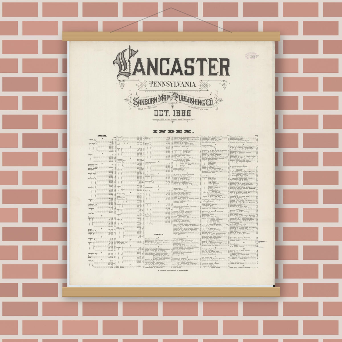Old map wall art mockup — magnetic wood frame on brick wall — Sanborn Fire Insurance Map from Lancaster, Lancaster County, Pennsylvania (1888), Sheet #0001