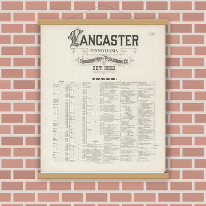 Old map wall art mockup — magnetic wood frame on brick wall — Sanborn Fire Insurance Map from Lancaster, Lancaster County, Pennsylvania (1888), Sheet #0001